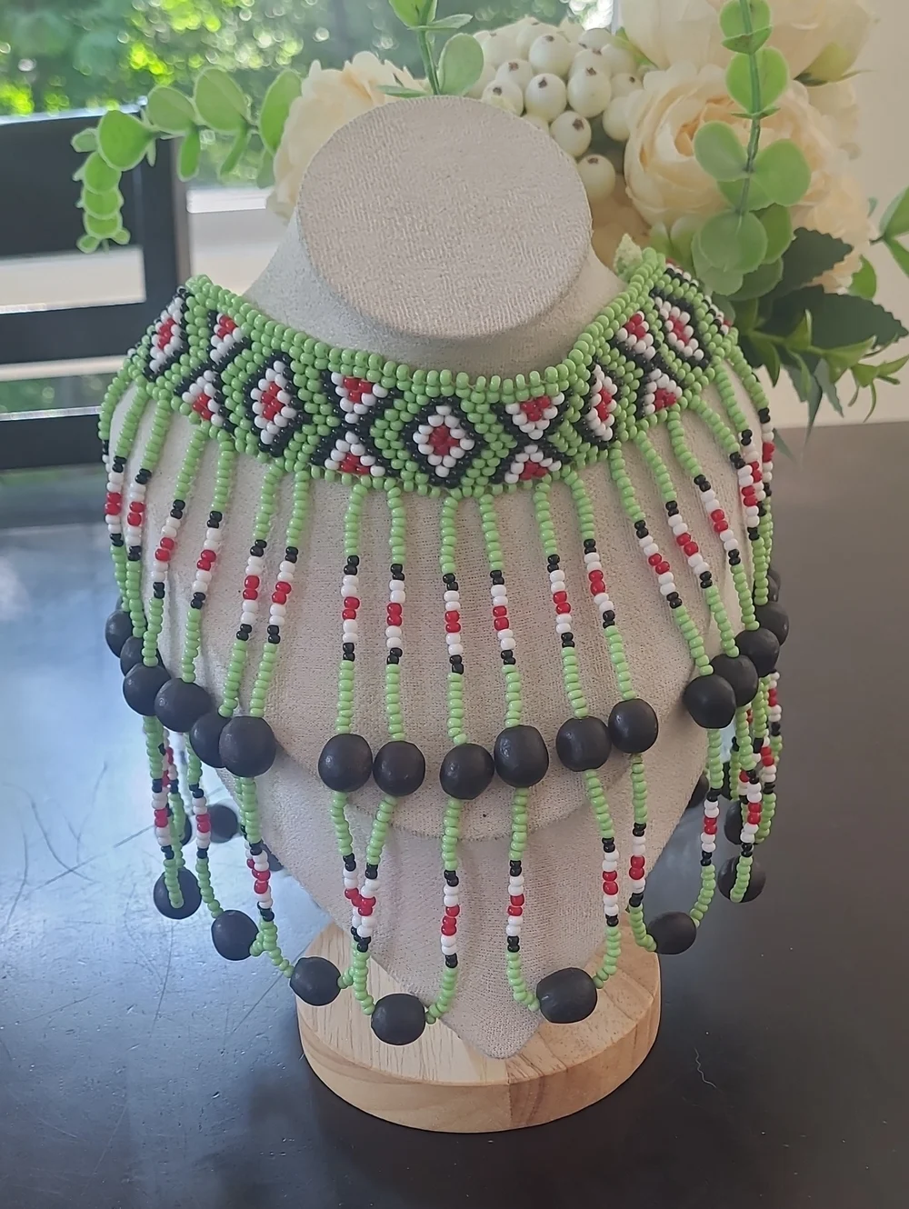 Ukrainian Beaded Sylyanka Fringe Collar Necklace Green Geometric